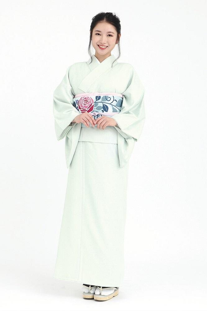 【たゆたふ】30秒で着られる色無地 袷 六花（ROCCA）（薄緑 Ｌサイズ）