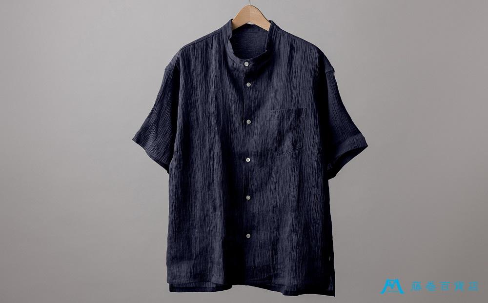 【YAMASHIRO】藤巻百貨店別注 スタンドカラーシャツ（麻100％ 京ちぢみ・ネイビー）