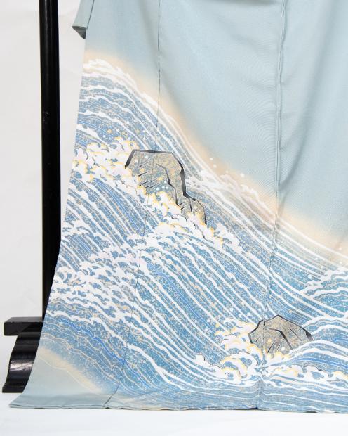 【池内友禅】手描友禅染 色留袖（岩に流水文）