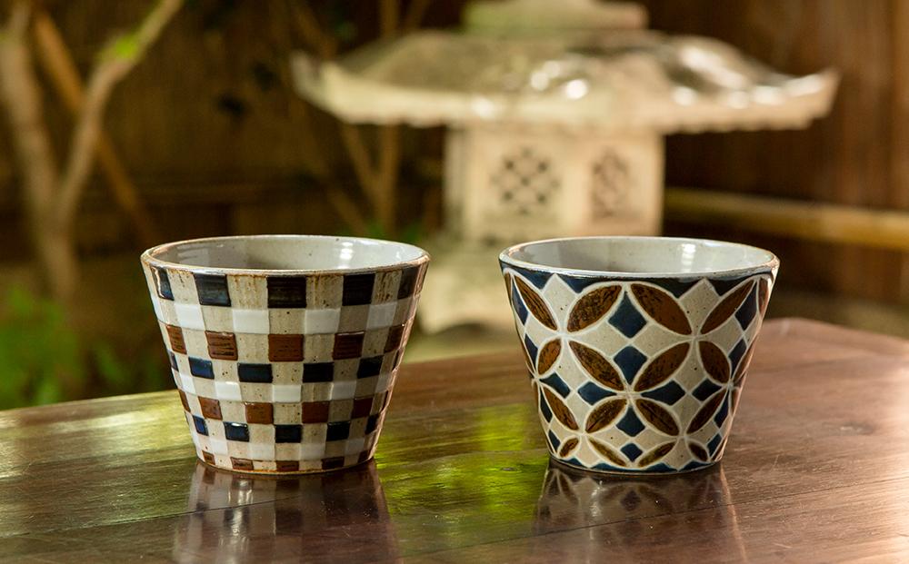 【柳桜園×京焼】人気ほうじ茶缶３種詰合せ×谷口晋也作 猪口湯呑２客「市松」「七宝」