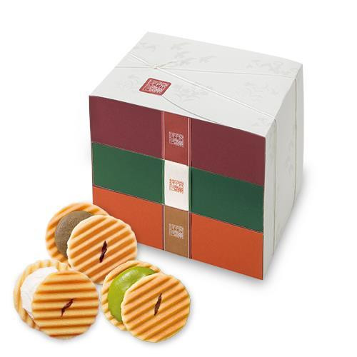 ＜定期便・年4回＞ 【鼓月】姫千寿せんべい三段箱（シュガークリーム・有機抹茶・有機ほうじ茶）各12枚入　［ 京都 老舗 和菓子 千寿せんべい 有名店 人気 おすすめ お菓子 スイーツ お取り寄せ 通販 ギフト プレゼント 贈答 ふるさと納税 ］