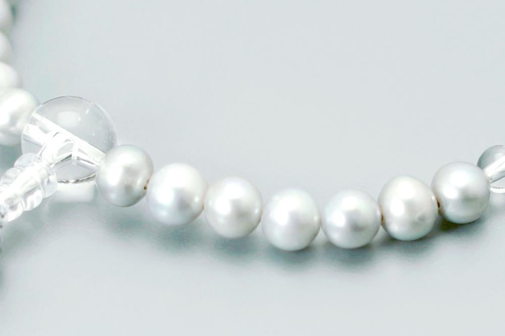 【京念珠】 グレー淡水真珠 8mm玉 水晶 正絹松風頭房【土屋念珠店/女性用/レディース/念珠/略式/3706】