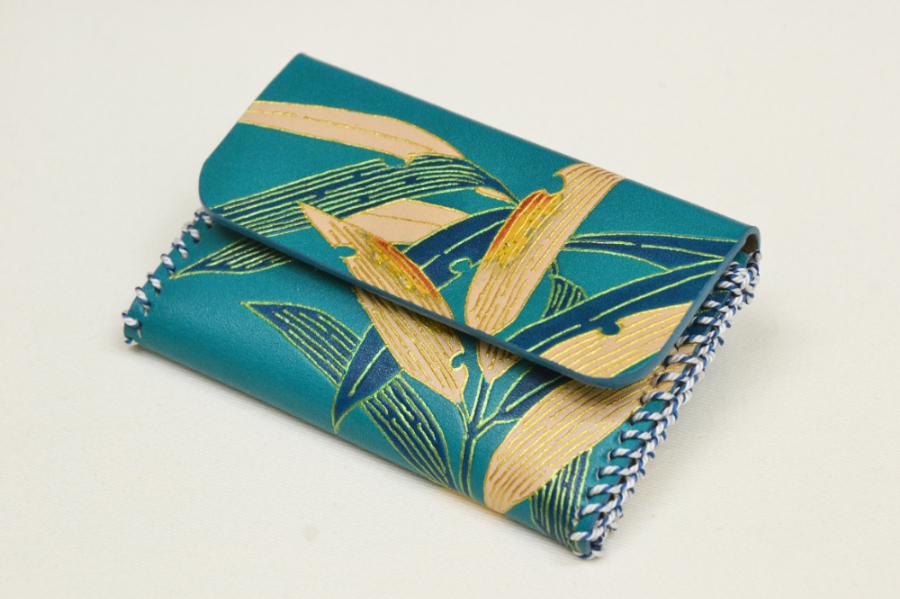 【染工房正茂】手描友禅 レザー名刺入れ《笹》