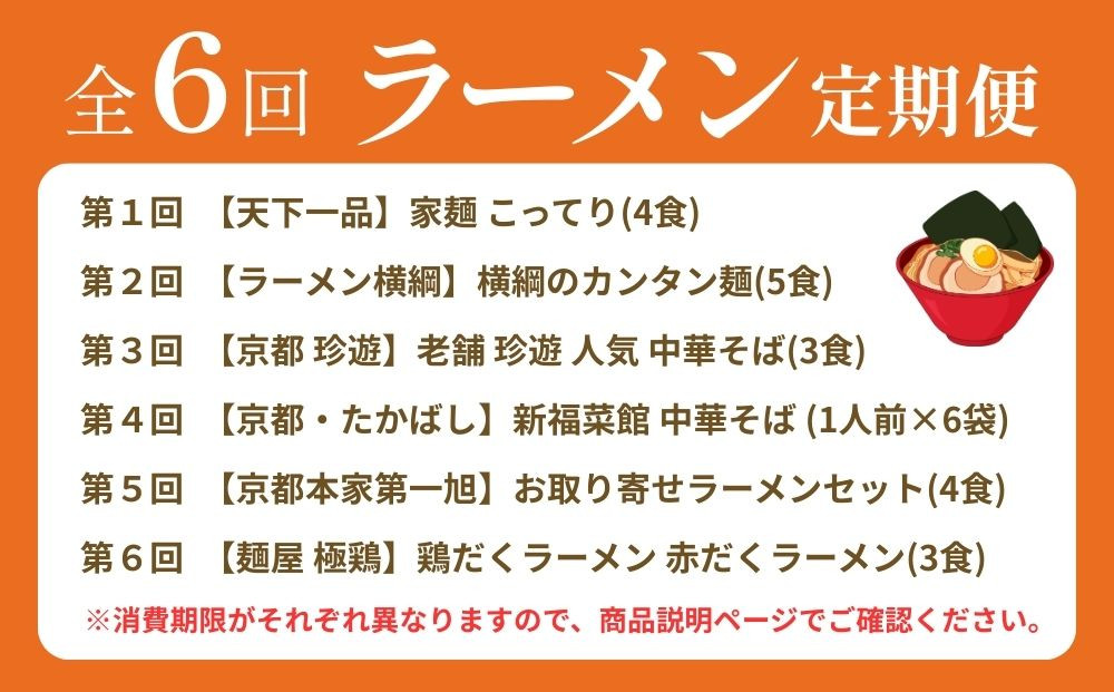 ラーメン激戦区！京都の人気ラーメン食べ比べ定期便 全6回［天下一品 ラーメン横綱 珍遊 たかばし 第一旭 極鶏 人気ラーメンを食べ尽くそう おすすめ グルメ 麺 スープ 有名店 人気店 行列店 お取り寄せ 通販 送料無料 ふるさと納税 ］