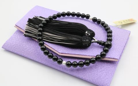 【中郷の京念珠】女性用 オニキス（淡水真珠入り）の数珠（じゅず）＋数珠袋＋金封ふくさ 3点セット