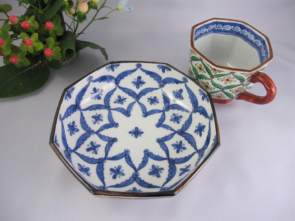 【京陶きよみず】清水焼 染付色絵七宝紋珈琲碗皿  カップ＆ソーサーセット