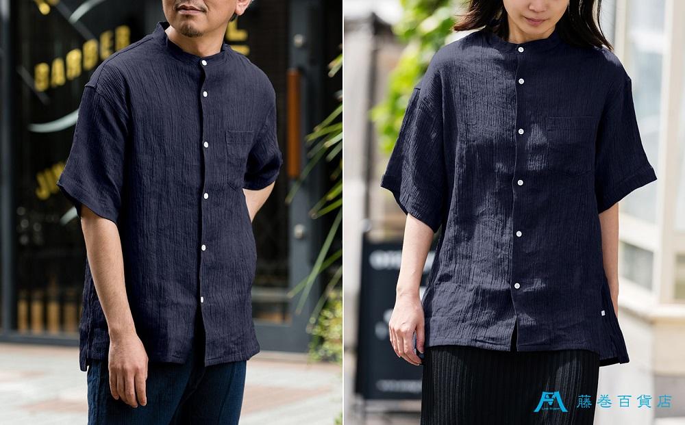 【YAMASHIRO】藤巻百貨店別注 スタンドカラーシャツ（麻100％ 京ちぢみ・ネイビー）