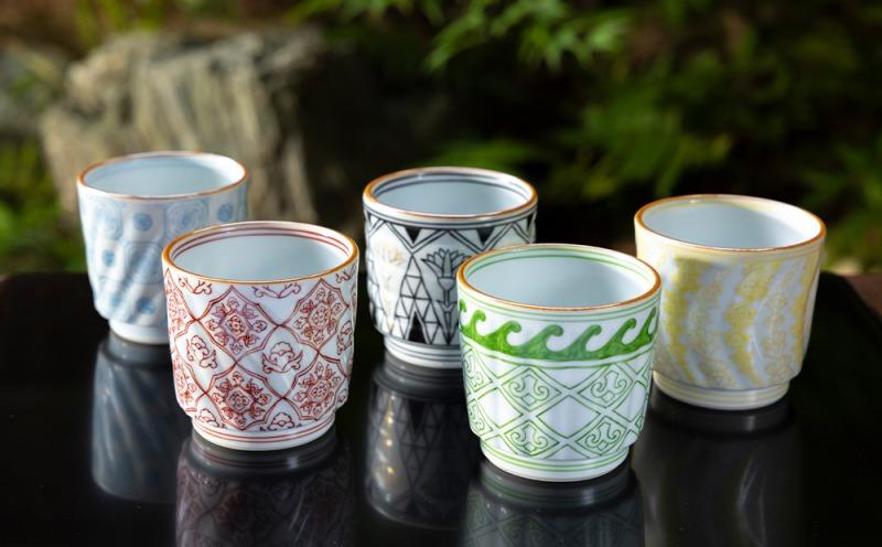 【柳桜園×京焼】最高級茶各種詰合せ×京焼茶器セット（叶松谷作   洋彩幾何文湯碗5客)