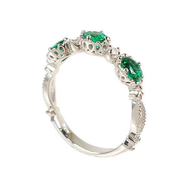 【京セラ】クレサンベール〈エメラルド・天然ダイヤモンド〉リング【オーバル3石/アンティーク風/5月誕生石/K18ホワイトゴールド/WRGE2635】