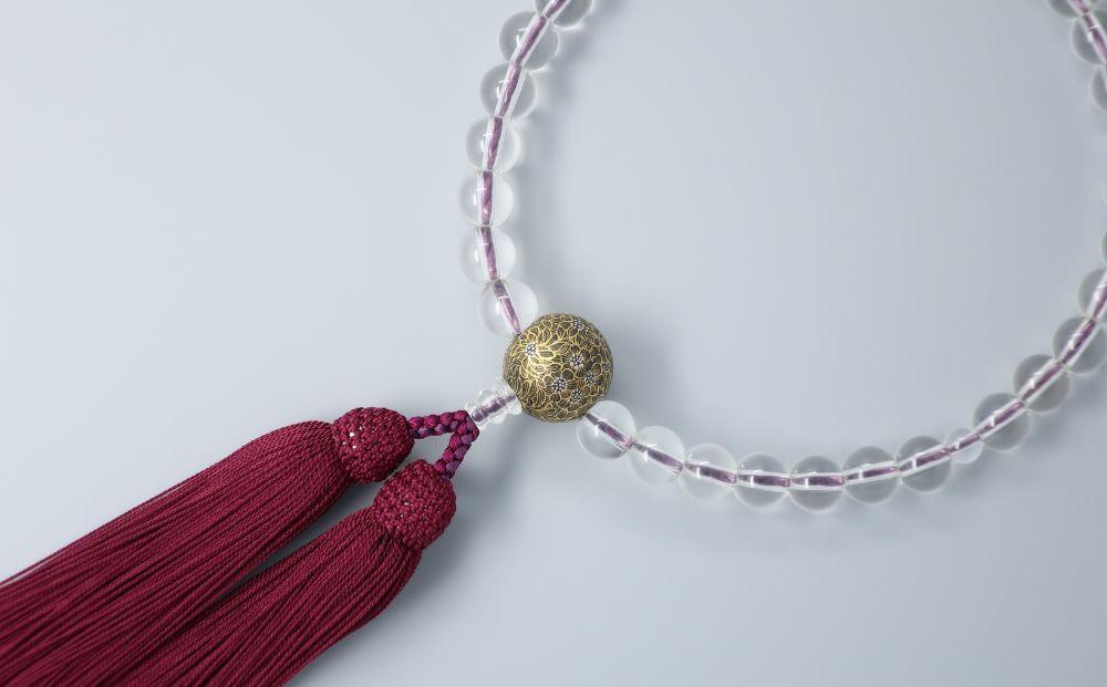 【神戸珠数店】〈京念珠〉空女華薩摩「黒地金彩」特上水晶 女性用数珠