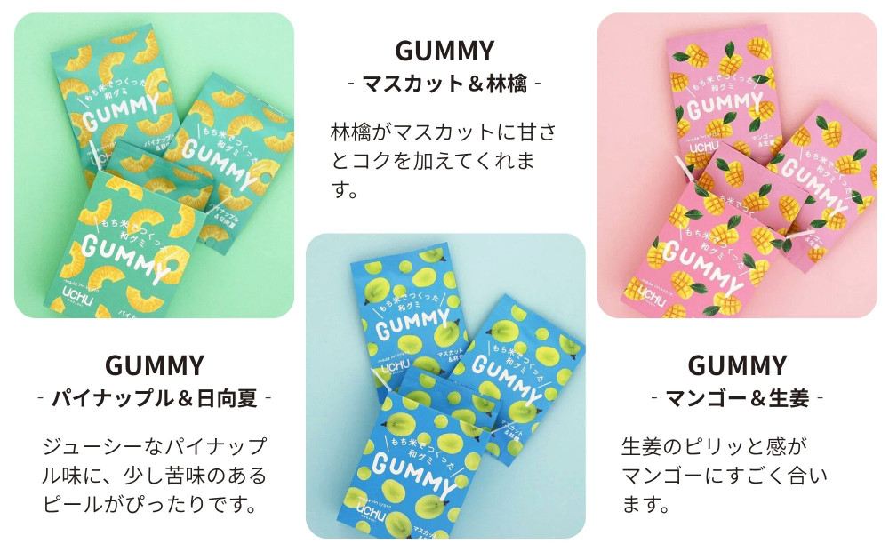 【UCHU wagashi】GUMMY 3種セット(パイナップルと日向夏/マスカットと林檎/マンゴーと生姜)｜京都 創作和菓子 人気店 グミ［ 和グミ全3種詰め合せ 新しい和菓子 もっちり感 他にはない個性いっぱい 和三盆 可愛い 手作り 人気 おすすめ お取り寄せ 通販 送料無料 ふるさと納税 ］