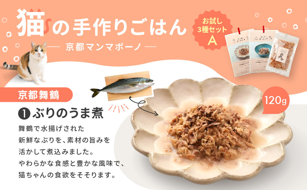 【MANMA BUONO】猫の手作りごはん お試しAセット3種｜京都 ペットフード ブランド 有名 人気ペットフード［ 愛猫の健康を支える ペーットフード 3種 人気セット こだわり 美味しい 栄養 ごはん 食事 人気 おすすめ お取り寄せ 通販 送料無料 ふるさと納税 ］