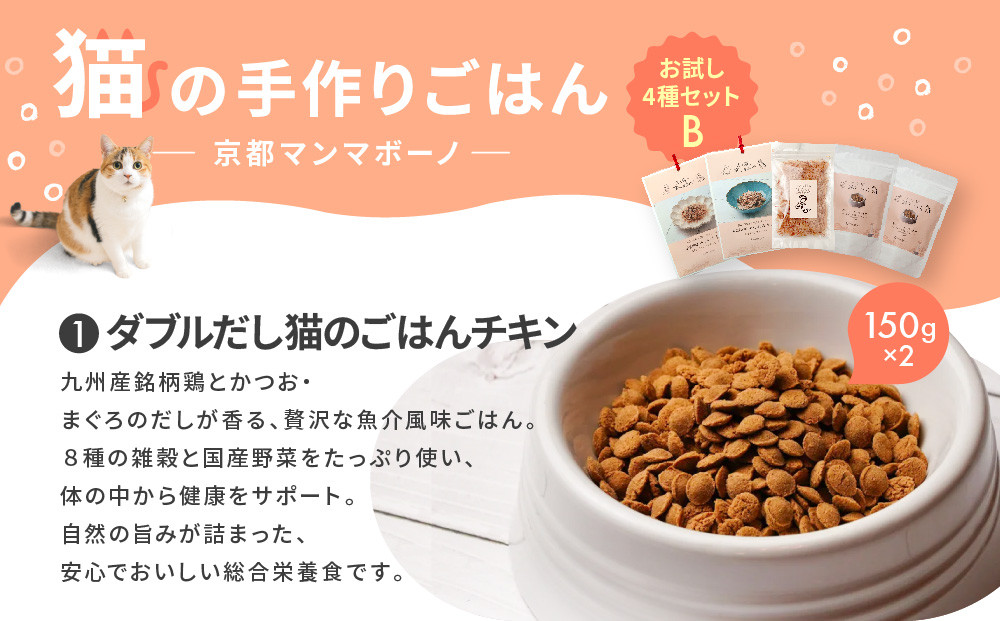 【MANMA BUONO】猫の手作りごはん お試しBセット4種｜京都 ペットフード ブランド 有名 人気ペットフード［ 愛猫の健康を支える ペーットフード 4種 人気セット こだわり 美味しい 栄養 ごはん 食事 人気 おすすめ お取り寄せ 通販 送料無料 ふるさと納税 ］
