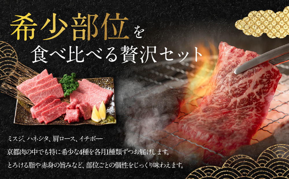 ＜4ヶ月定期便＞【銀閣寺大西】焼肉用希少部位4種(各500g)｜京都 老舗精肉店 有名店 贅沢 豪華 人気セット［ 京都肉希少部位定期便 ミスジ ハネシタ 肩ロース イチボ おすすめ グルメ 美食 和牛 国産牛 お肉 牛肉 焼肉 お取り寄せ 通販 送料無料 ふるさと納税 ］