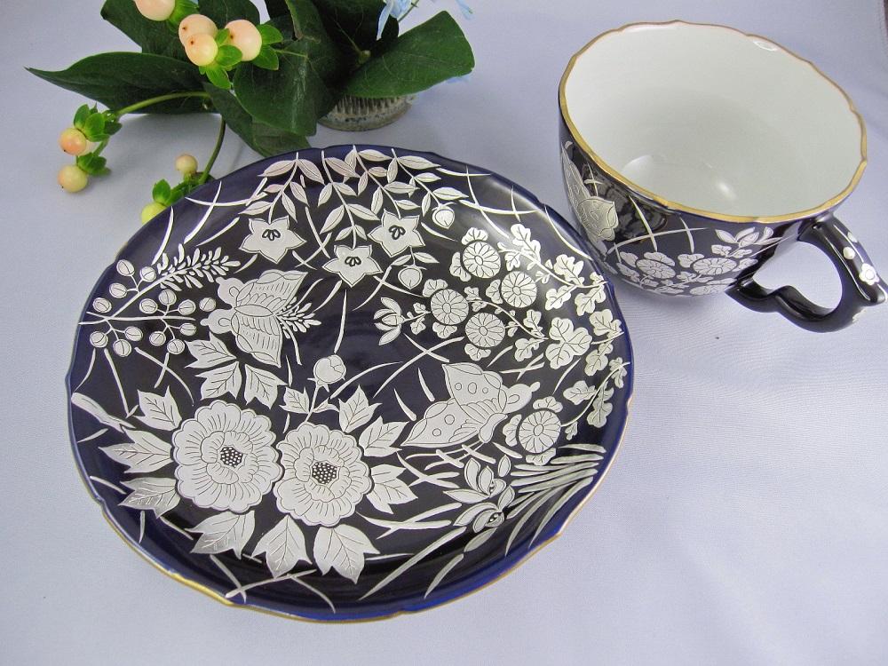 【京陶きよみず】清水焼 紫地銀彩花蝶紋珈琲碗皿 カップ＆ソーサーセット