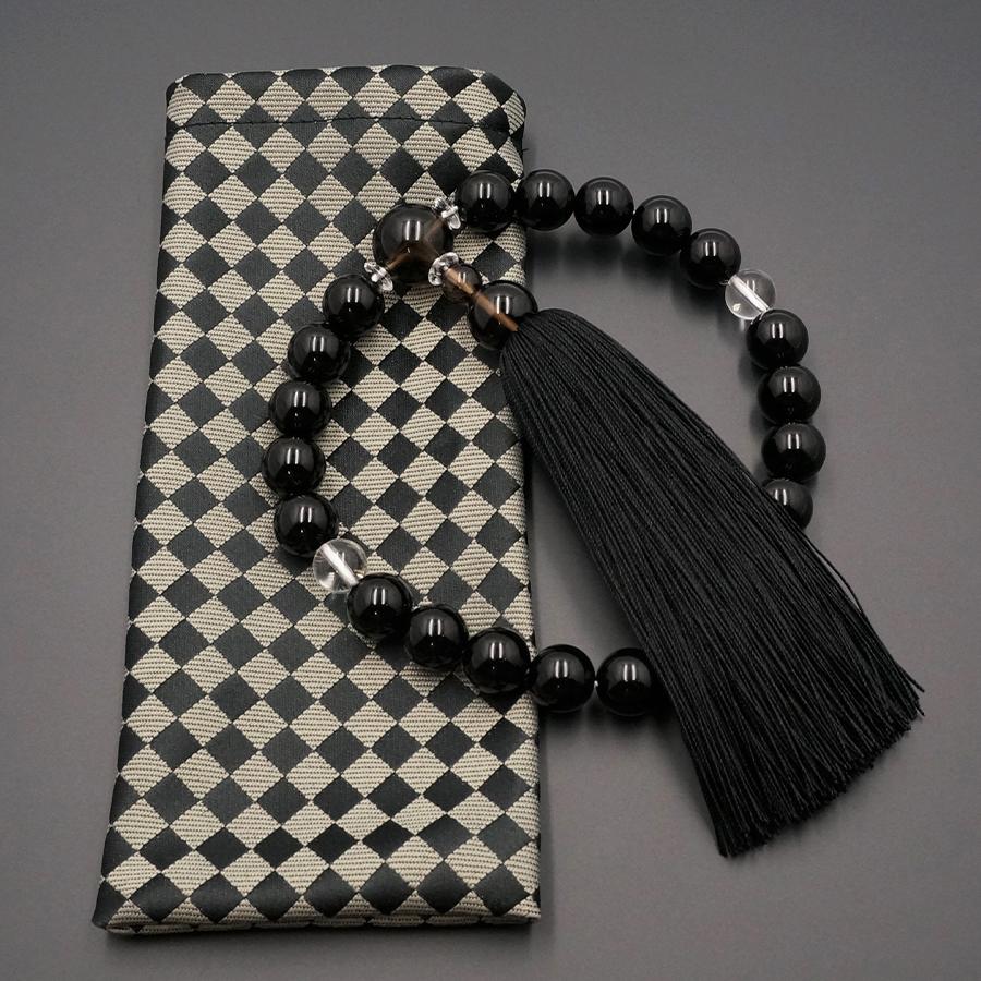 【神戸珠数店】〈京念珠〉モダン念珠 黒オニキス/水晶/茶水晶 男性用数珠【数珠袋付き】