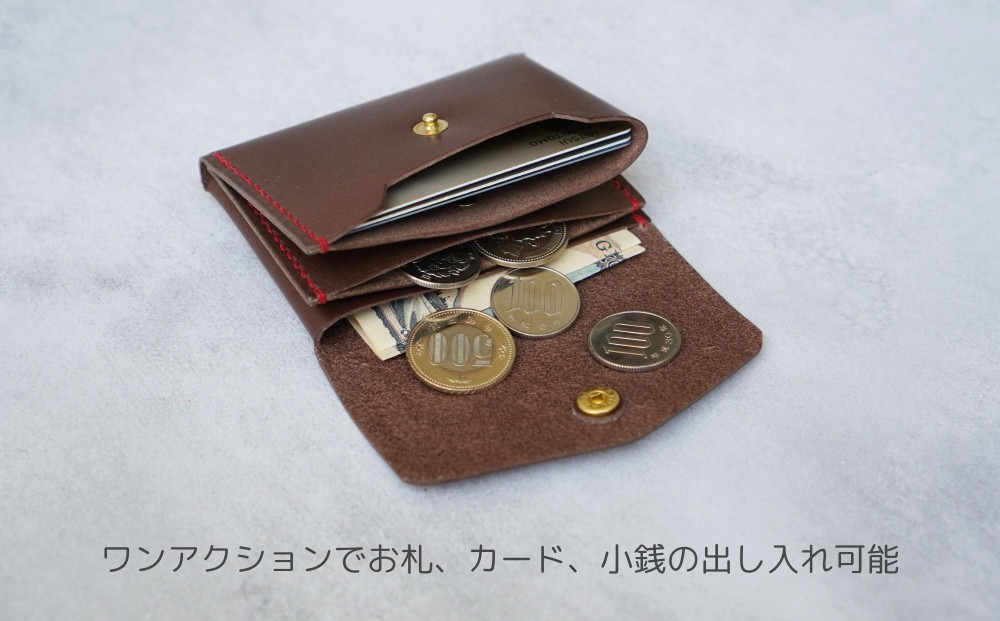 【革工房Rim】3ポケット ミニ財布 〈焦茶×赤糸〉 [ 京都 財布 ハンドメイド コンパクト 本革 ウォレット 人気 おすすめ さいふ 革 レザー 手作り クラフト ギフト プレゼント お取り寄せ 通販 送料無料 ふるさと納税 ]