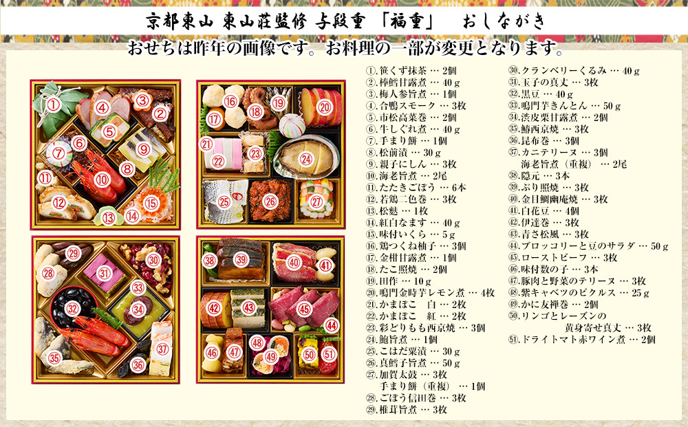 【京都東山・東山荘】監修おせち 福重 約4～5人前｜京おせち 本格料亭おせち 人気おせち［ 京都 料亭 老舗 おせち 京料理 人気 おすすめ 2027 正月 お祝い おせち料理 グルメ ご自宅用 お取り寄せ 通販 送料無料 ふるさと納税 ］