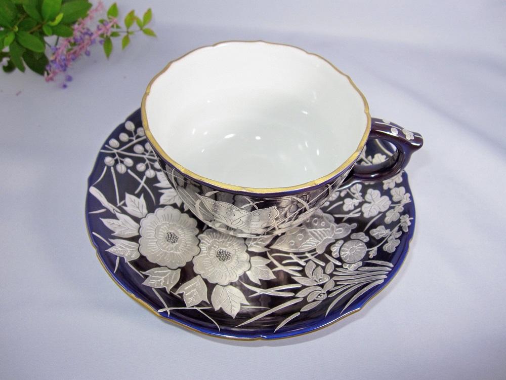 【京陶きよみず】清水焼 紫地銀彩花蝶紋珈琲碗皿 カップ＆ソーサーセット