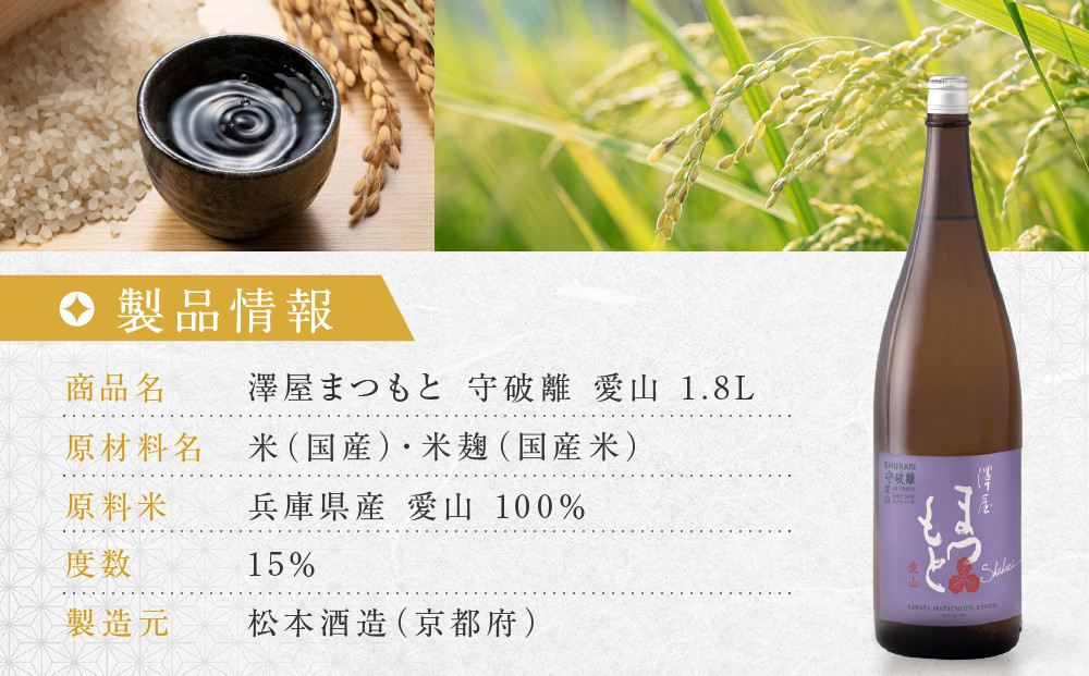 澤屋まつもと 守破離 愛山 1.8L ｜京都 松本酒造 日本酒 人気 [ 京都 伏見 日本酒 お酒 人気 おすすめ ギフト 贈答 さけ 酒造 酒蔵 酒屋 通販 送料無料 ふるさと納税 ]