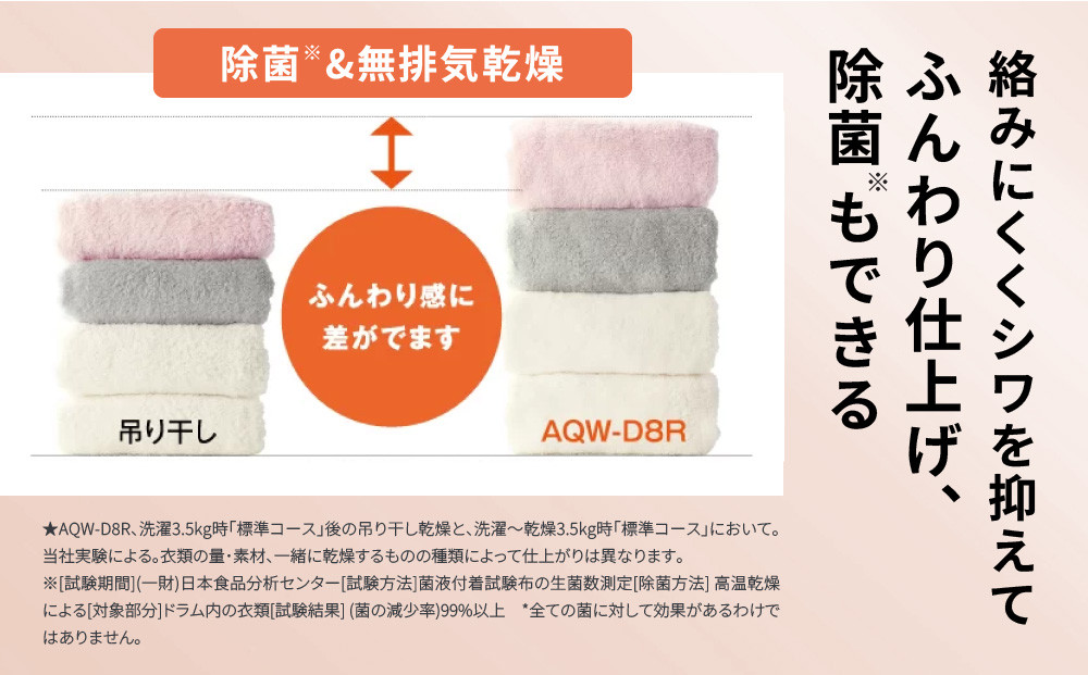 【AQUA】ドラム式洗濯乾燥機 まっ直ぐドラム 洗濯8kg 乾燥4kg AQW-D8R-R(右開き) 台無し［ 京都 アクア 洗濯機 ドラム式 人気 おすすめ 薄型 乾燥 除菌 消臭 家電 お取り寄せ 通販 送料無料 ふるさと納税 ］