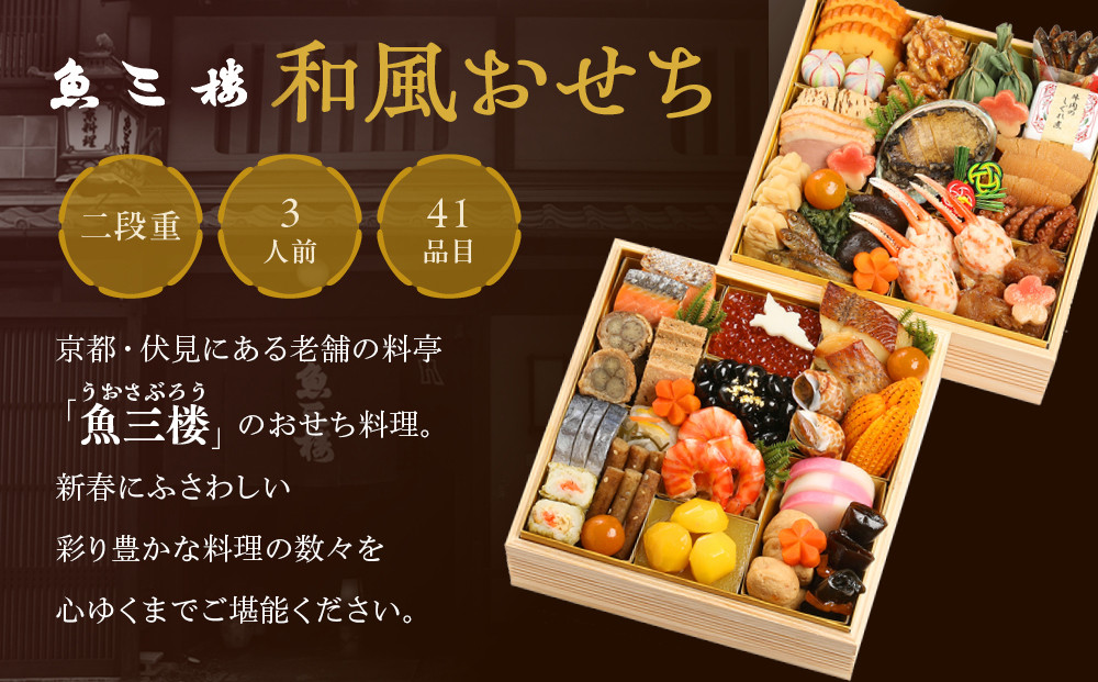 【京 伏見 魚三楼】和風おせち 二段重 3人前(おせち,おせち料理,京おせち) 23［ 京都 老舗 料亭 おせち料理 和風おせち 人気 おすすめ グルメ 日本料理 京料理 2026 正月 お祝い お取り寄せ 通販 送料無料 ふるさと納税 ］