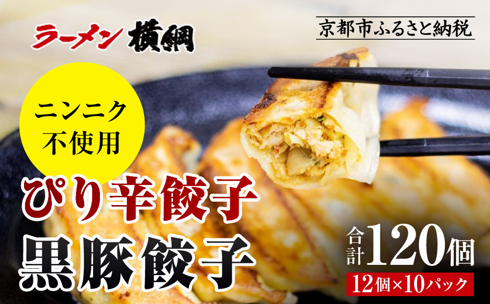 【ラーメン横綱】横綱の餃子はニンニク不使用! ぴり辛餃子＆黒豚餃子10パックセット(各5パック)［ 京都 ラーメン 有名店 餃子120個セット 黒豚＋ピリ辛 冷凍食品 大容量 おいしい 簡単 便利 人気 おすすめ 中華 中華料理 ぎょうざ 餃子 お取り寄せ 通販 送料無料 ふるさと納税 ］