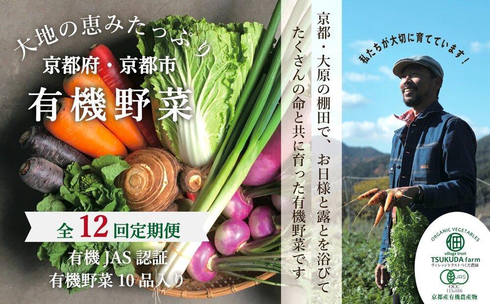 ◆全12回定期便◆【つくだ農園】《有機JAS認証 有機野菜10品入り》京都の棚田大原で心を込めて大切に露地栽培された大地の恵みたっぷりの有機野菜!［ 有機野菜 京都 野菜 有機栽培 定期便 セット 季節の野菜 おまかせ 詰め合わせ 産地直送 新鮮 ミシュラン 錦市場 人気 送料無料 おすすめ ふるさと納税 ］