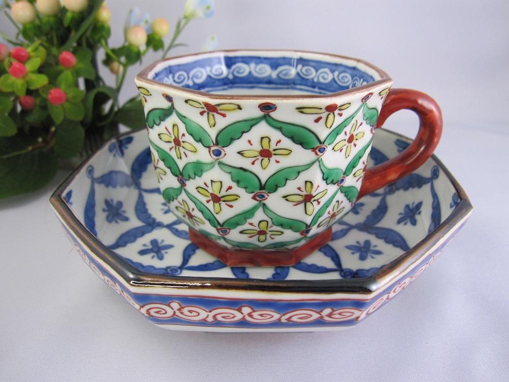 【京陶きよみず】清水焼 染付色絵七宝紋珈琲碗皿  カップ＆ソーサーセット