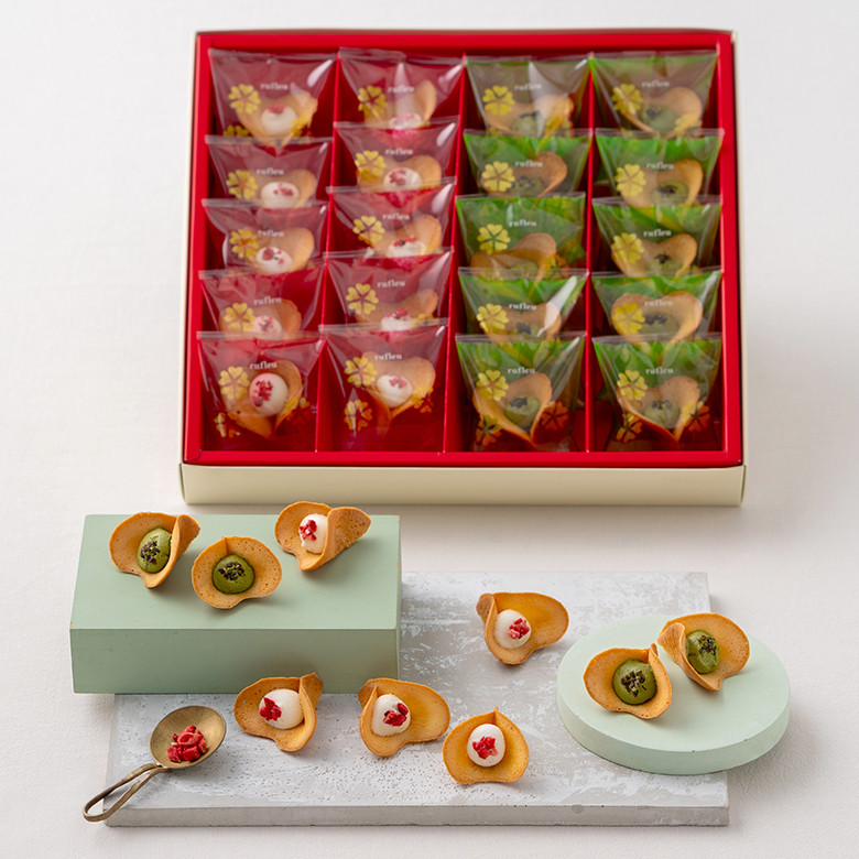 【KINEEL】ルフル20個入（バニラ×10個、抹茶×10個）［ 京都 老舗 和菓子 千寿せんべい 有名店 ラングドシャ 人気 おすすめ お菓子 スイーツ 洋菓子 花 お取り寄せ 通販 ギフト プレゼント 贈答 ふるさと納税 ］