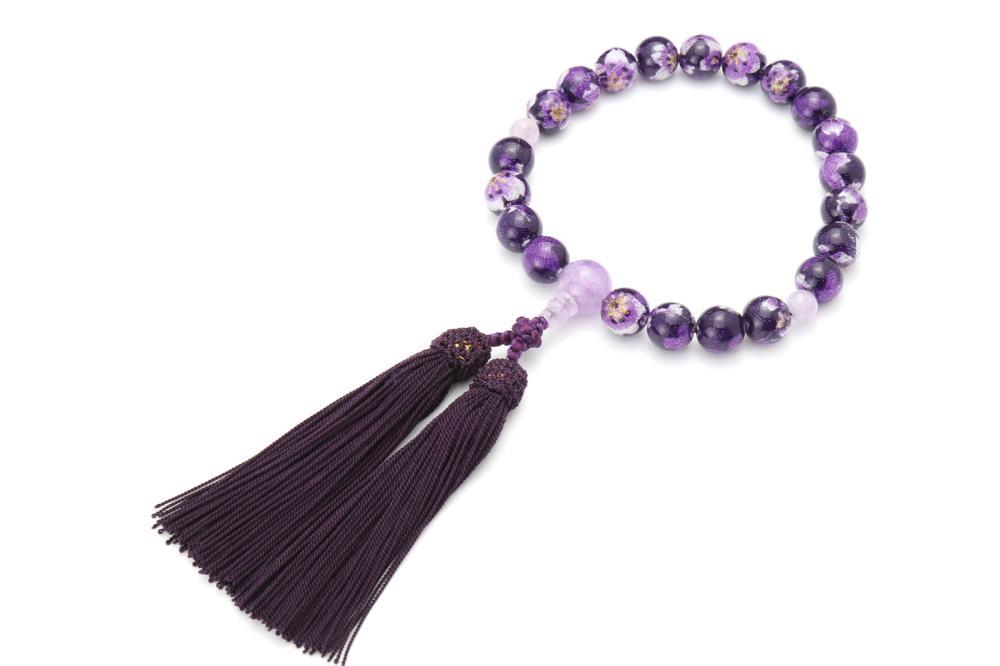 【京念珠×京ちりめん】藤雲石 数珠袋付き パープル【土屋念珠店/女性用/レディース/数珠/略式/仏具】