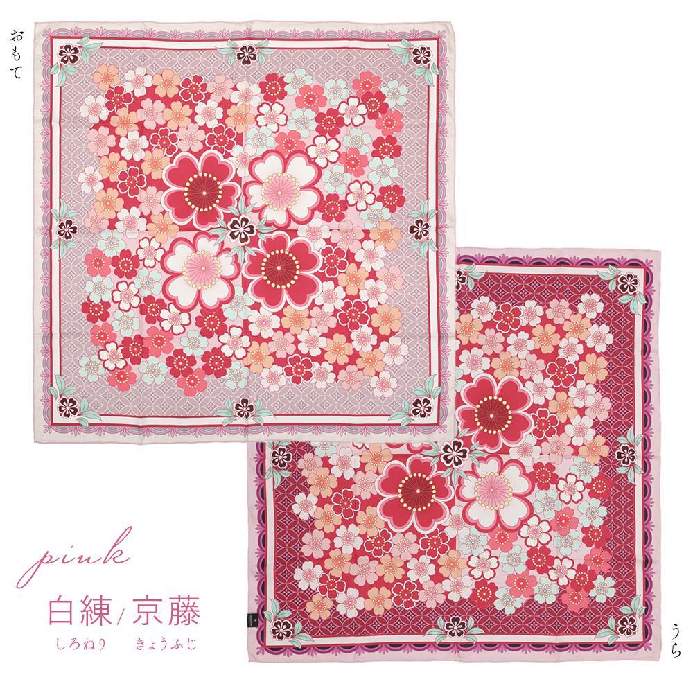 【佐々木染工】 京友禅スカーフ シルク100% ＜桜七宝 白練/京藤（ピンク）＞