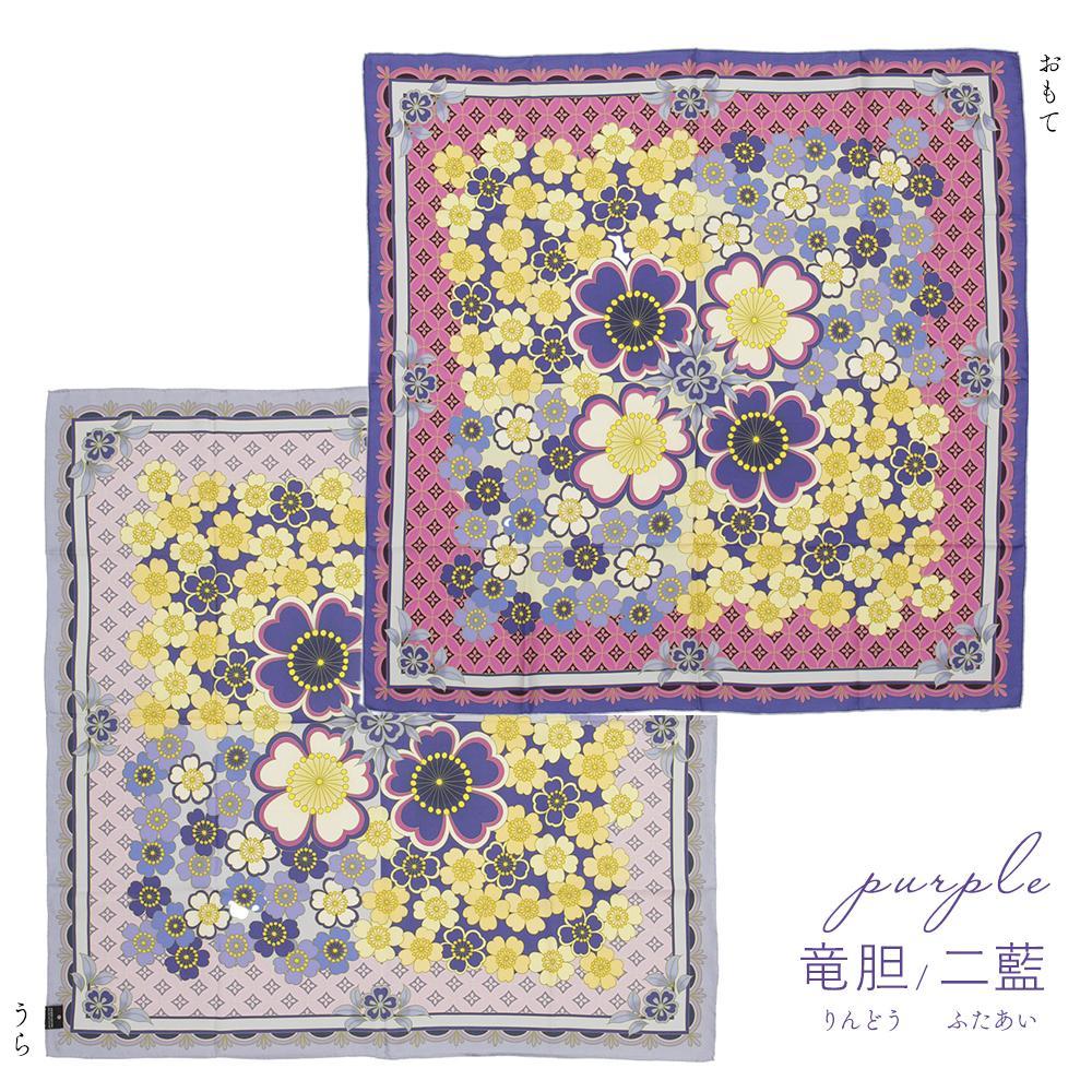 【佐々木染工】 京友禅スカーフ シルク100% ＜桜七宝 竜胆/二藍（パープル）＞