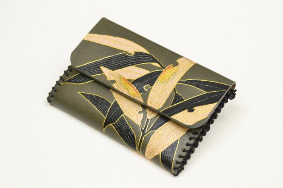 【染工房正茂】手描友禅 レザー名刺入れ《笹》