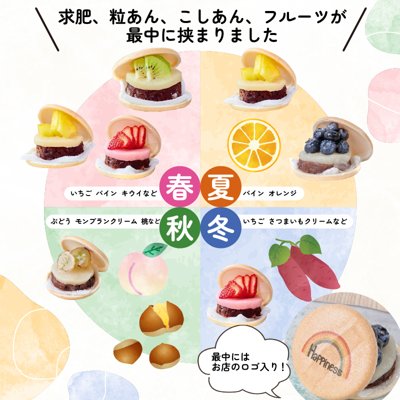 季節のフルーツ最中4個セット（グルテンフリー） / FCDY002 フルーツ最中 フルーツ 最中 米粉 グルテンフリー セット 苺 いちご パイン パイナップル キウイ オレンジ ぶどう モンブランクリーム 桃 さつまいもクリーム 厳選 くだもの デザート 送料無料 国産 厳選 スイーツ 和菓子 お菓子 お茶菓子 お取り寄せ 冷凍便 ギフト プレゼント Happiness