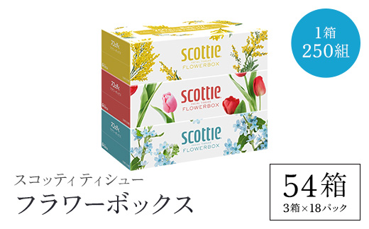 【ボックスティッシュ】スコッティ ティシュー フラワーボックス250組54箱(1ケース3箱×18パック) ふるさと納税 箱ティッシュ ティッシュ ティシュー ボックス 日用品 日用雑貨 消耗品 必需品 常備品 紙 ペーパー ペーパータオル 大容量 長持ち 日本製紙クレシア 人気 おすすめ 日本製 上質 やわらかい 花粉症 クレシア 省スペース 新生活 まとめ買い 防災 京都 福知山市 FCAS003