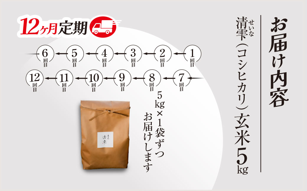 ＜令和7年9月末より発送予定！＞【12ヶ月定期便】京都夜久野産　清雫（せいな）　コシヒカリ＜玄米5kg×12回＞/ 令和7年度産 先行 定期 5kg 収穫 12回 玄米 夜久野 京都 京都府 福知山 FCDB020