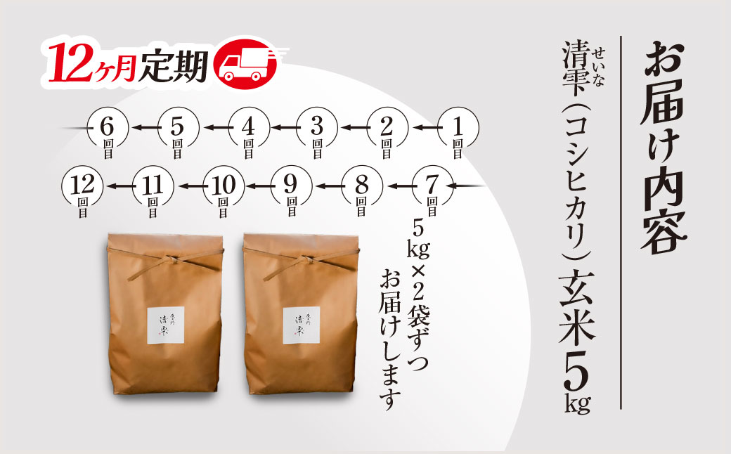 ＜令和7年9月末より発送予定！＞【12ヶ月定期便】京都夜久野産　清雫（せいな）　コシヒカリ＜玄米10kg×12回＞/ 令和7年度産 先行 定期 10kg 5kg×2袋 収穫 12回 玄米 夜久野 京都 京都府 福知山 FCDB024