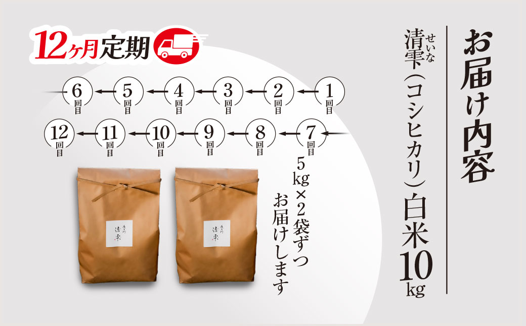 ＜令和7年9月末より発送予定！＞【12ヶ月定期便】京都夜久野産　清雫（せいな）　コシヒカリ＜白米10kg×12回＞/ 令和7年度産 先行 定期 10kg 5kg×2袋 収穫 12回 白米 夜久野 京都 京都府 福知山 FCDB036