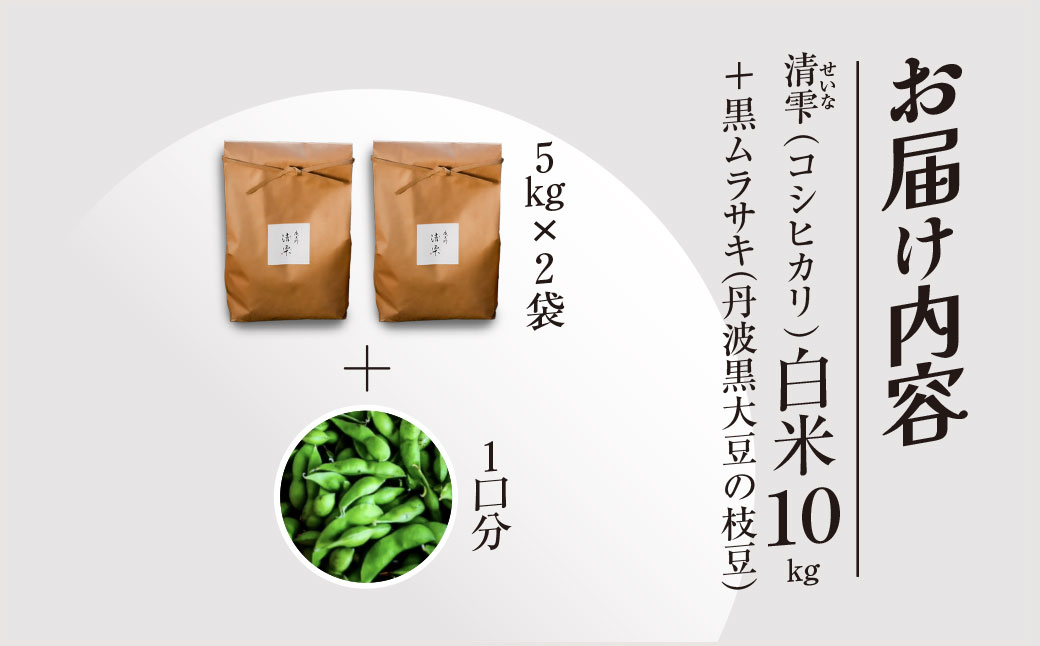 ＜令和8年10月中旬より発送！＞田んぼオーナーシップ1口分　清雫　白米10kg+黒ムラサキ（丹波黒大豆の枝豆）/ ふるさと納税 田んぼ オーナー制度 米 白米 令和8年度産 先行 収穫 夜久野 京都 京都府 福知山 FCDB009