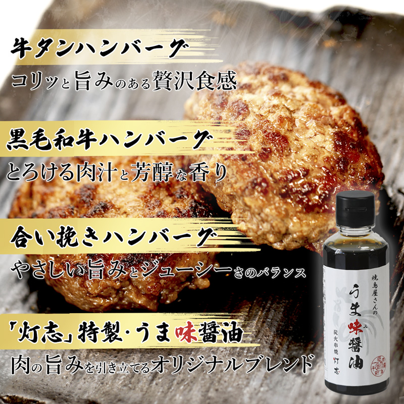 舞鶴三味膳 醤油で食べる 贅沢ハンバーグ 詰め合わせ ： うま味醤油 薬味 コラボ商品 黒毛和牛ハンバーグ 牛タンハンバーグ 合いびきハンバーグ お取り寄せ グルメ 京都 舞鶴 灯志 ABCフーズ