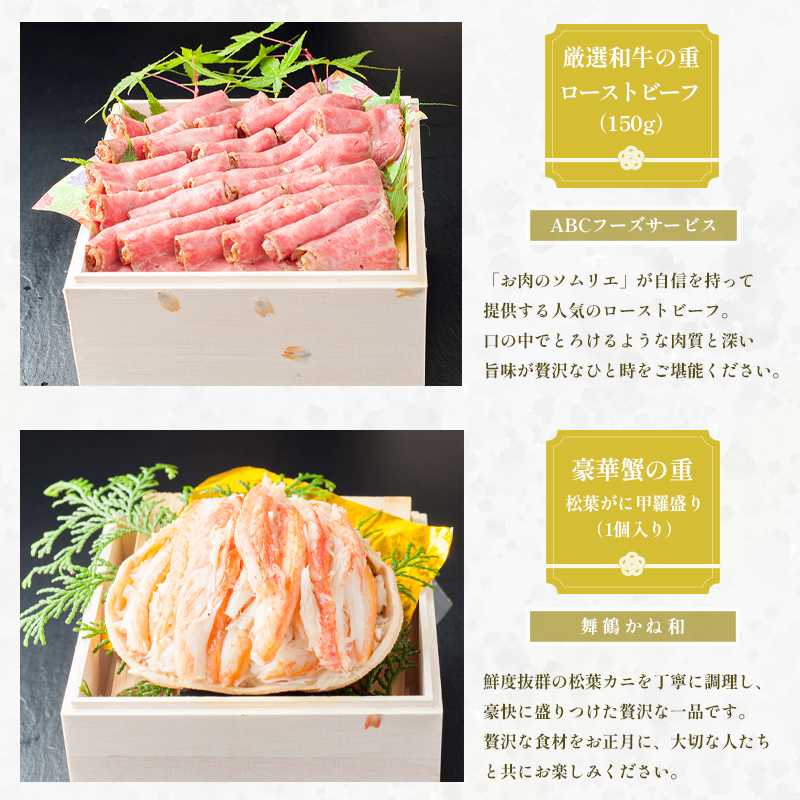 【好評につき12月11日まで受付延長】 おせち 白木五段重 28品 3人前 松葉ガニ甲羅盛り ＆ ローストビーフ 冷凍 お節 お正月 2026 おすすめ 京都 舞鶴 おせち料理 盛り付け済み 年末 年内 配送 迎春 新春 お取り寄せ 年内発送 カニ 松葉ガニ 松葉カニ 甲羅盛り