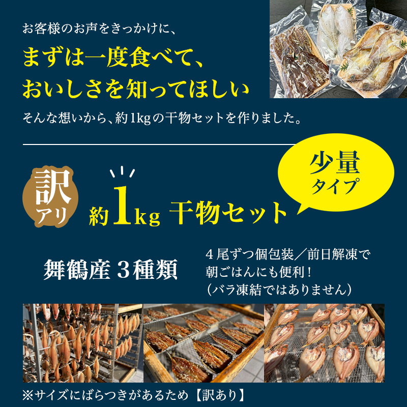 訳あり 舞鶴産 干物 1kg （3種類） お試しセット | ひもの 詰め合わせ 干物 セット お試し 冷凍 規格外 不揃い はつめ かれい うるめいわし みりん干し わけあり ひもの 美味しい