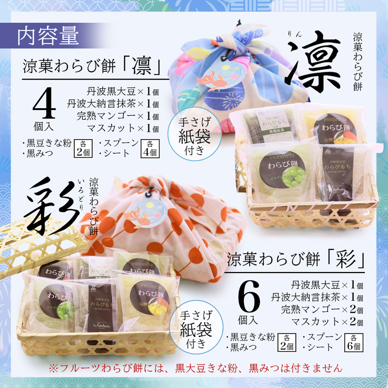 涼菓 わらび餅 「凛」 4個 紙袋付き ： 4種類 （ 丹波黒大豆 丹波大納言抹茶 完熟マンゴー シャインマスカット ） 丹波 セット わらびもち 和菓子 本わらび 黒豆 大納言小豆 舞鶴抹茶 フルーツ 包装 熨斗 サマーギフト お中元 お歳暮  贈り物 プレゼント ギフト プチ贅沢