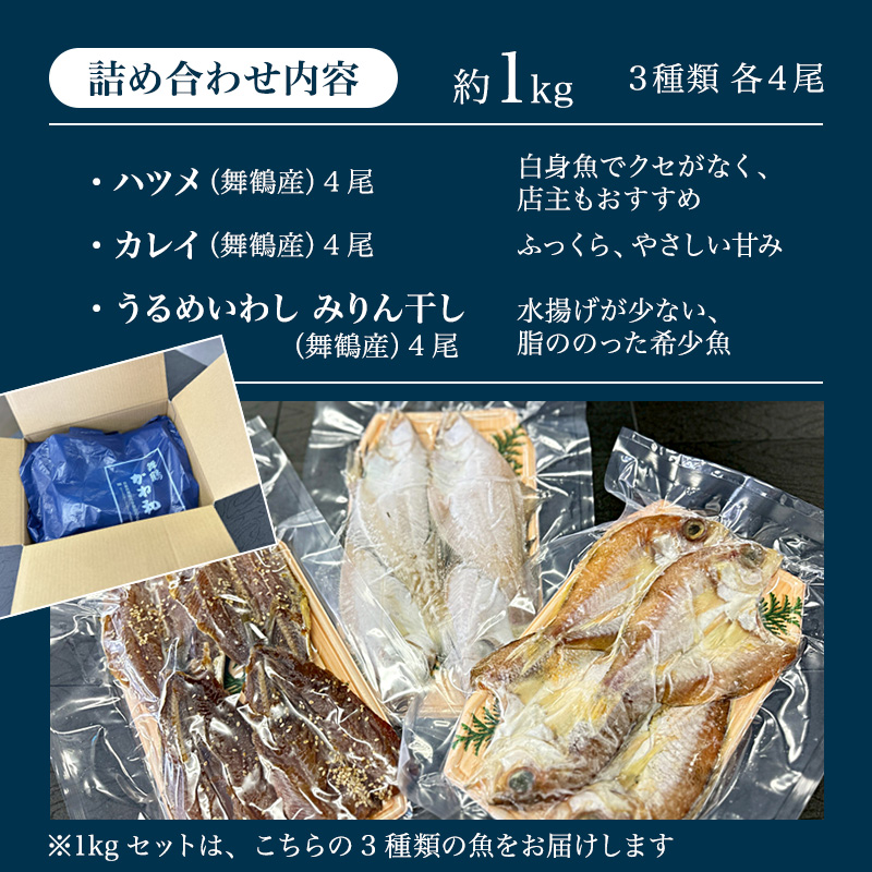 訳あり 舞鶴産 干物 1kg （3種類） お試しセット | ひもの 詰め合わせ 干物 セット お試し 冷凍 規格外 不揃い はつめ かれい うるめいわし みりん干し わけあり ひもの 美味しい