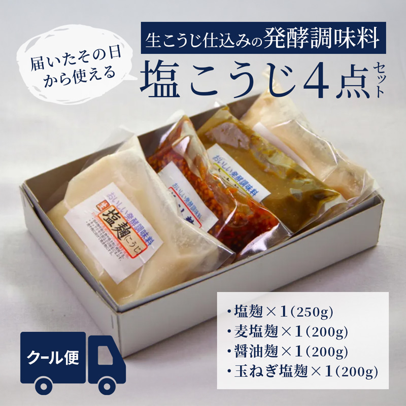 【国産生麹使用】 発酵調味料 4点セット 塩麹・麦塩麹・醤油麹・玉ねぎ塩麹 各200〜250g | 塩麹 麦塩麹 醤油麹 玉ねぎ塩麹 発酵調味料 こうじ 麹 国産 料理下味 漬け込み 炒め物 ギフト  大阪屋こうじ店 国産麹 舞鶴