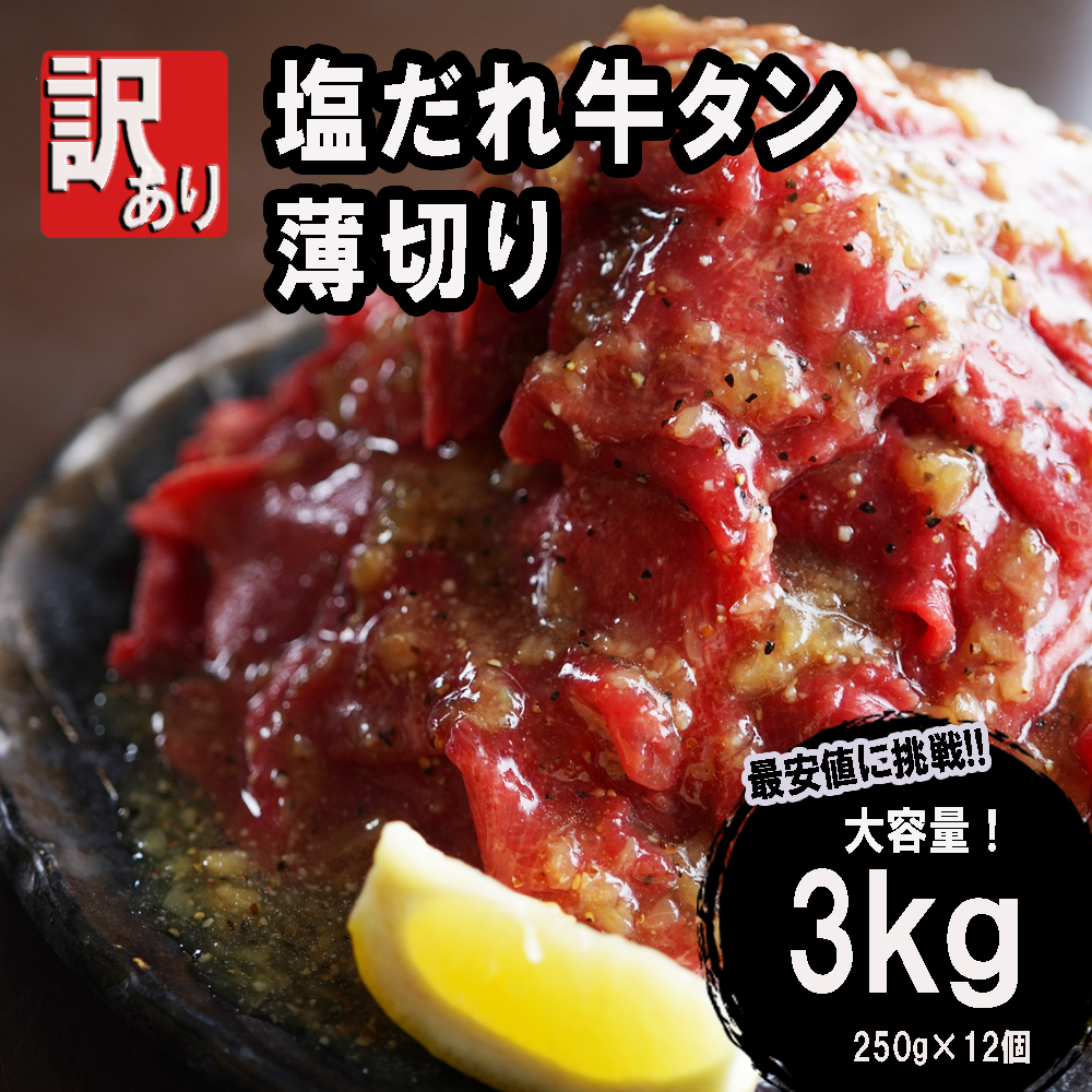 【 訳あり 】 塩だれ 牛タン 薄切り 3kg(250g×12) タン塩 塩だれ 切り落とし 塩だれ 味付き 味付 味付け肉 焼肉 冷凍 小分け 不揃い 肉 牛 牛肉 ビーフ キャンプ アウトドア バーベキュー BBQ セット 簡単調理 便利 焼くだけ 京都 舞鶴 幸福亭