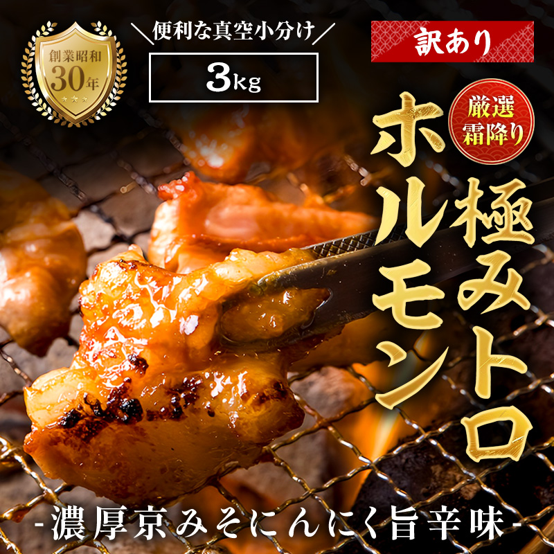 【訳あり】 霜降り 極みトロホルモン 3kg 京味噌にんにく旨辛味 秘伝のタレ付き 簡易包装 | 訳あり 訳アリ 国産 極トロホルモン 霜降り 京味噌にんにく ホルモン 冷凍 真空パック 家庭用 ホルモンうどん　八島丹山 京都 舞鶴