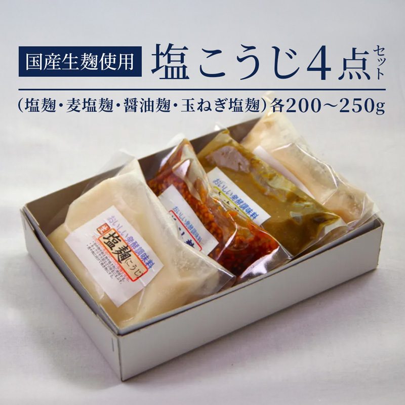 【国産生麹使用】 発酵調味料 4点セット 塩麹・麦塩麹・醤油麹・玉ねぎ塩麹 各200〜250g | 塩麹 麦塩麹 醤油麹 玉ねぎ塩麹 発酵調味料 こうじ 麹 国産 料理下味 漬け込み 炒め物 ギフト  大阪屋こうじ店 国産麹 舞鶴