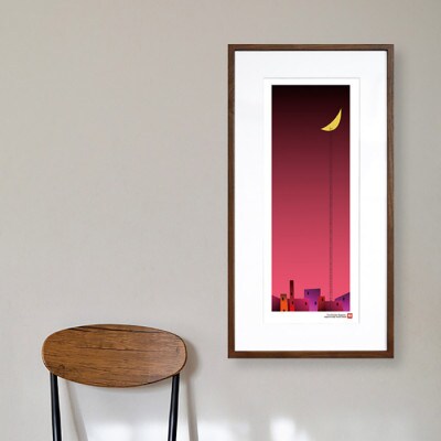 ＼注目の和紙アート/ 【絵画】街と月(赤)額装サイズ300mmx600mm　阿波紙